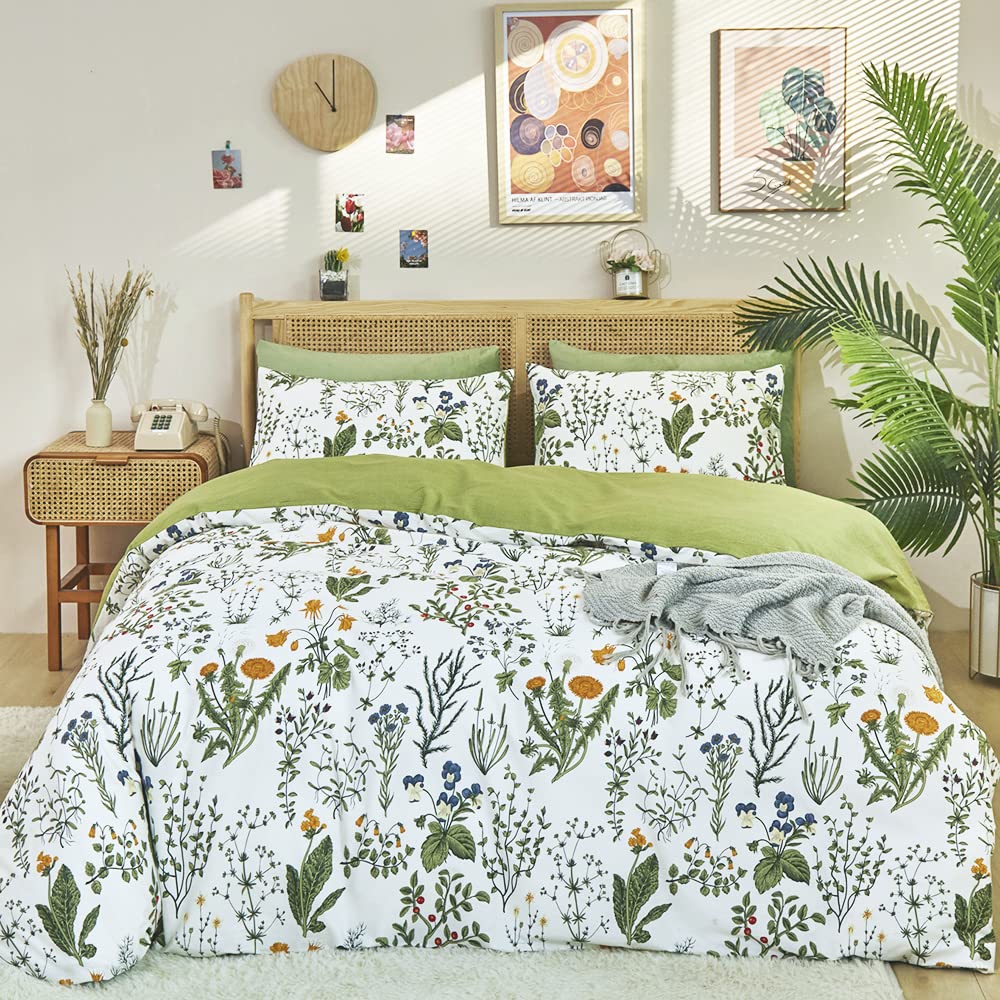 Clothknow Green Botanical Comforter Set Queen Cotton White Green Bedding Boho Comforter Full Flowers Bedding For Women Girls Bed